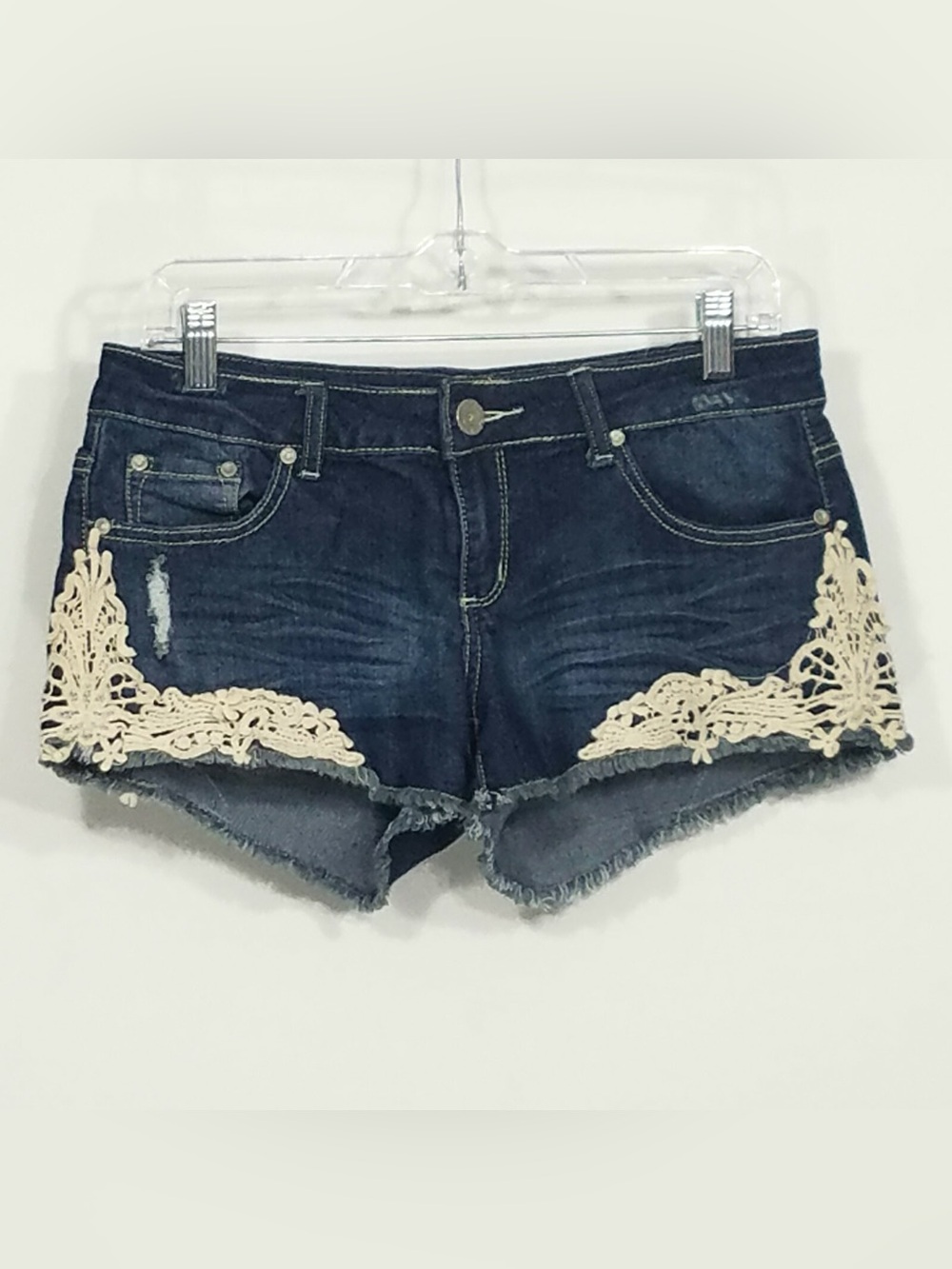 Dark Blue Denim Jean Shorts with Cream Crochet Trim